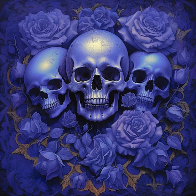 Las calaveras y las rosas están pintadas en un ai generativo de fondo en tonos azules.