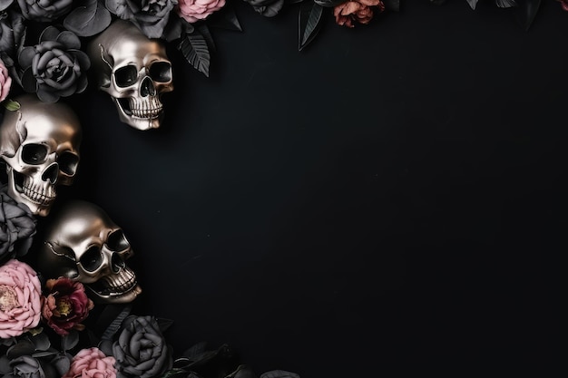 Las calaveras y las rosas en fondo negro con espacio de copia concepto de Halloween