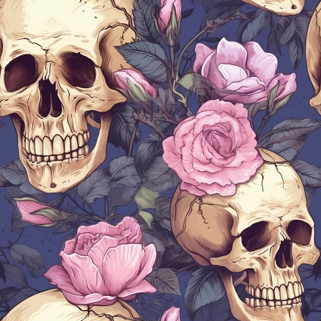 calaveras y rosas sobre un fondo azul con un fondo azul ai generativo