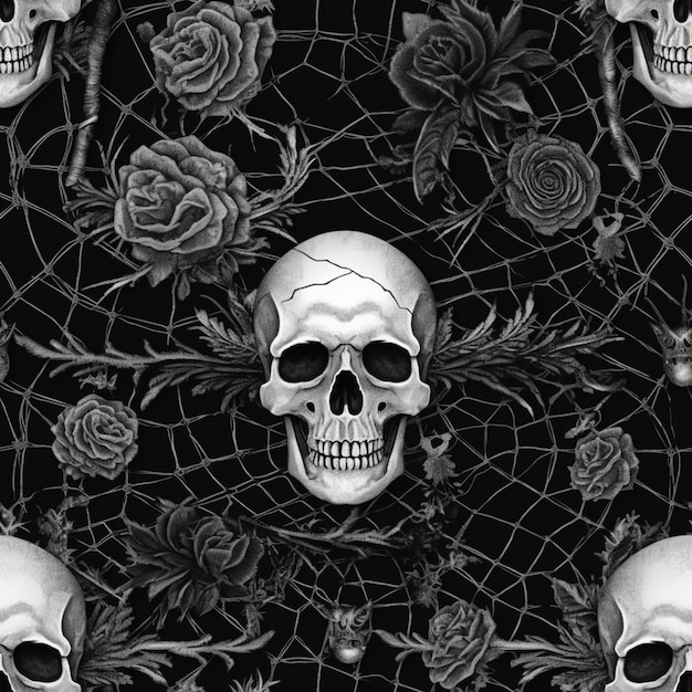 calaveras y rosas sobre un fondo negro con una red de araña ai generativa