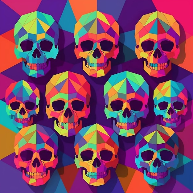 Calaveras sobre un fondo colorido con forma de triángulo.