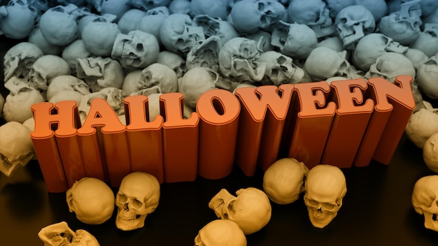 Calaveras y texto de Halloween de representación 3d