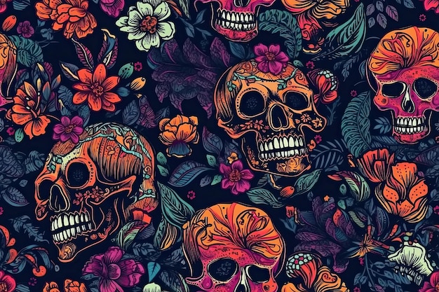 Calaveras de textura sin fisuras con flores sobre fondo oscuro Ilustración generativa de IA