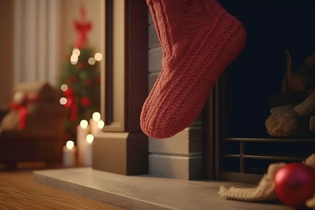 Calça de presente de Ano Novo de Natal sobre lareira símbolo interior do conceito de férias em família bandeira de cabeçalho