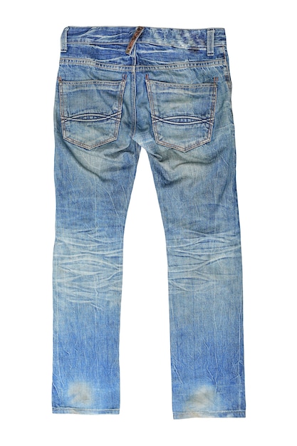 Calça jeans isolada no fundo branco. parte traseira de roupa jeans masculina - traçado de recorte