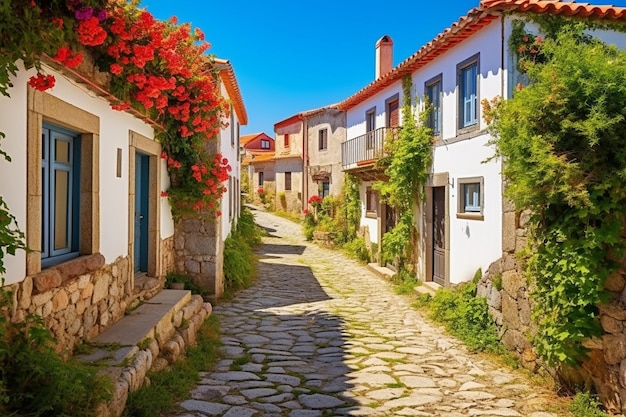 Foto calçada pitoresca em lastres rurais casas de pedra com tons quentes ambiente tranquilo ensolarado