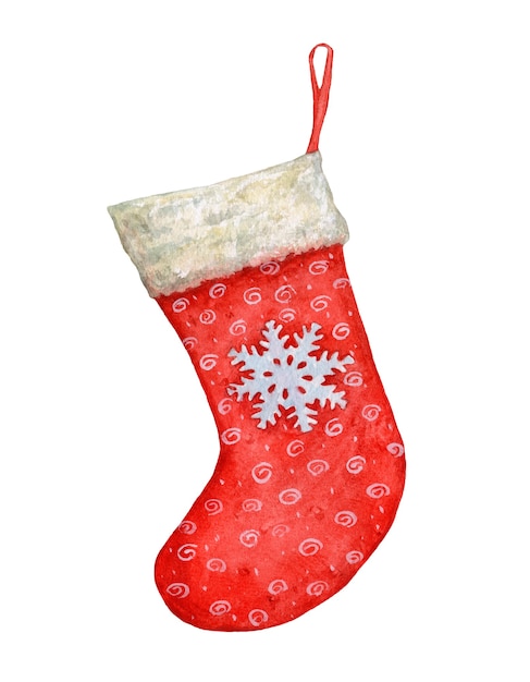 Calcetín de Navidad rojo acuarela con un copo de nieve sobre fondo blanco.
