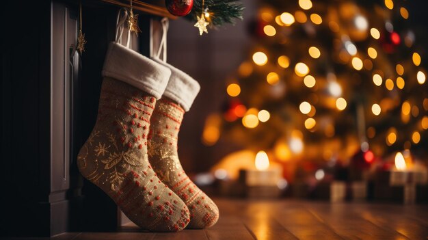 Calcetín de Navidad rojo en la chimenea manto decorado sala de estar con ocasión de Año Nuevo y Navidad