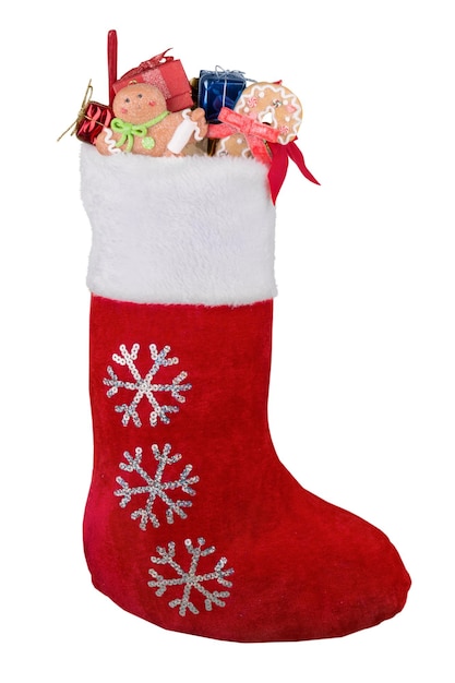 Calcetín navideño lleno de regalos y golosinas
