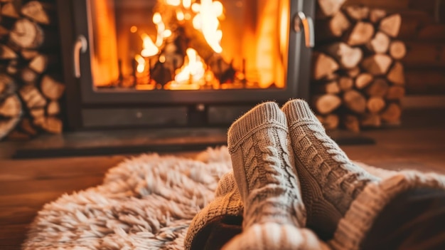 Calcetines cálidos junto a la chimenea en invierno Una persona de treinta y nueve años vestida con calcetines calientes se extiende hacia el confortable calor de una chimenea de leña