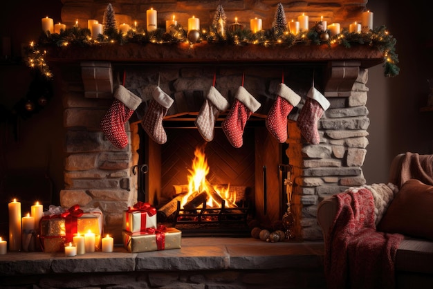 Calcetines colgados sobre la chimenea en Nochebuena