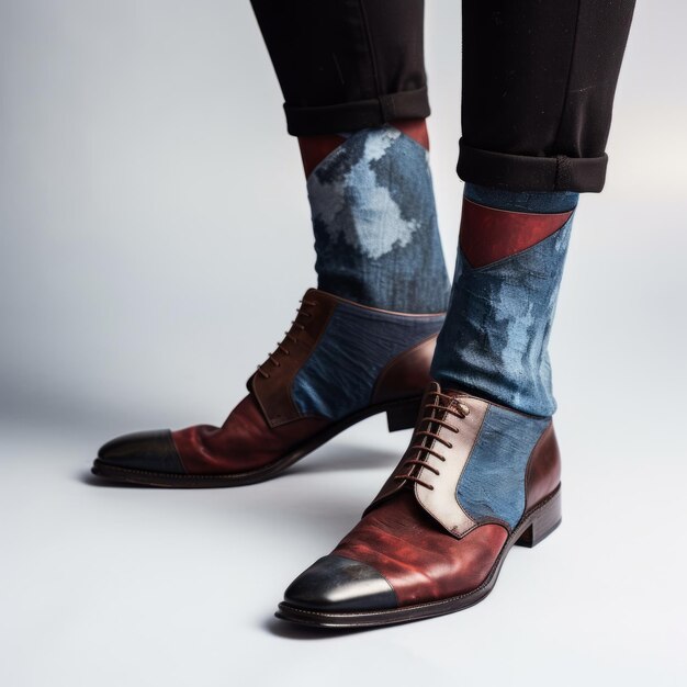 Calcetines estilizados de patchwork de lienzo rojo oscuro y azul cielo con artesanía pulida