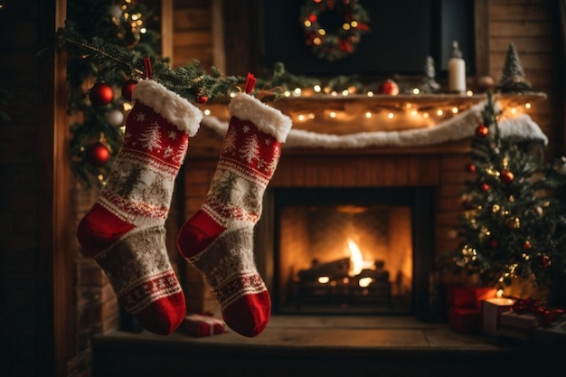 Calcetines de lana navideños en la chimenea