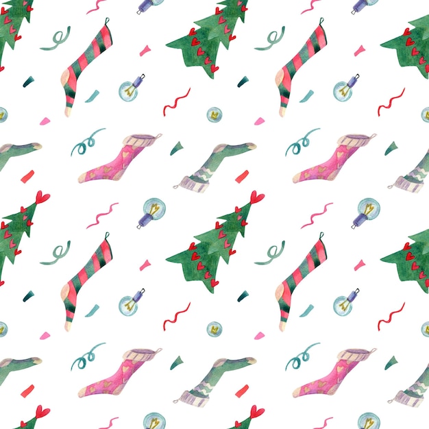 Foto calcetines de navidad y abeto y lámpara de patrones sin fisuras de año nuevo.