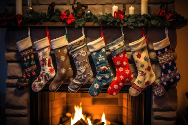 Calcetines navideños de diferentes colores para regalos cuelgan de la chimenea con fuego