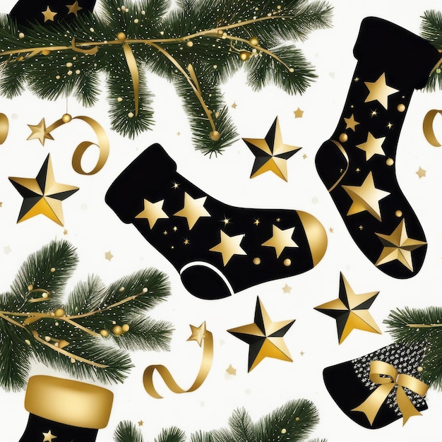 Calcetines de Papá Noel, estrellas doradas, cajas de regalos y adornos navideños con fondo navideño