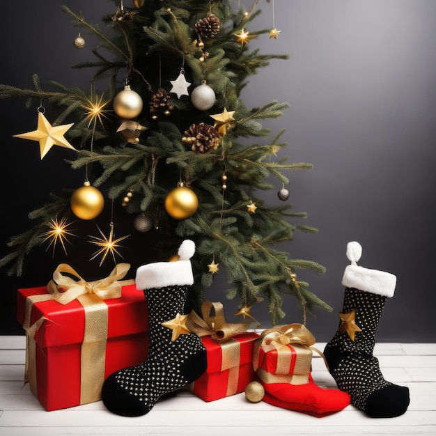 Calcetines de Papá Noel, estrellas doradas, cajas de regalos y adornos navideños con fondo navideño