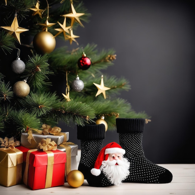 Calcetines de Papá Noel, estrellas doradas, cajas de regalos y adornos navideños con fondo navideño