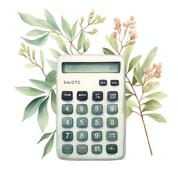 Foto calculadora, accesorio de vida sencillo para los días de primavera o verano en colores neutros de hojas botánicas verdes