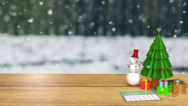 La calculadora y el árbol de Navidad en la mesa de madera para vacaciones o concepto de negocio representación 3D