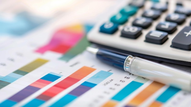 Foto una calculadora y un bolígrafo apoyados en un informe financiero lleno de gráficos coloridos y análisis de datos