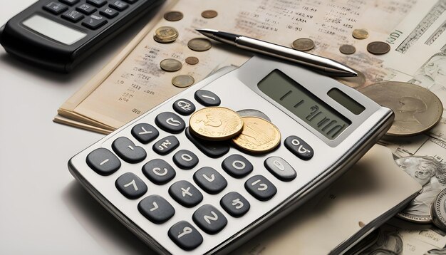 Foto una calculadora con una calculadora en ella y una computadora con un bolígrafo y bolígrafo en ella