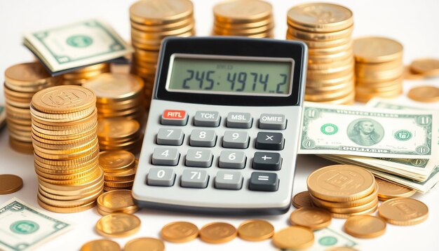 una calculadora con una calculadora en ella y una pila de monedas de oro