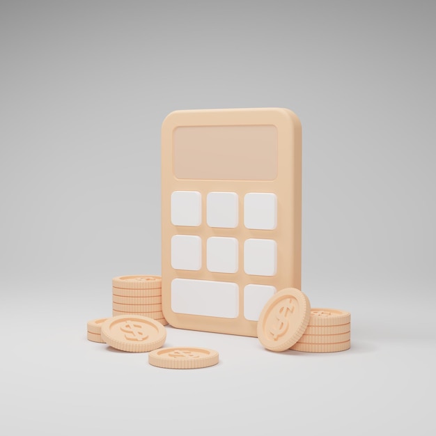 Calculadora com pilha de moedas no fundo