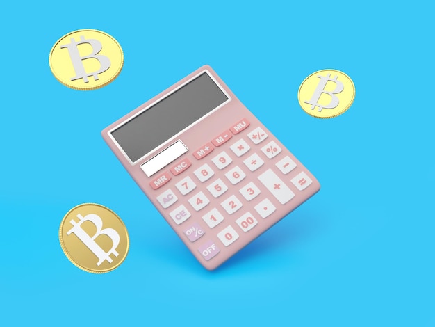 Calculadora de escritório rosa com moedas bitcoin