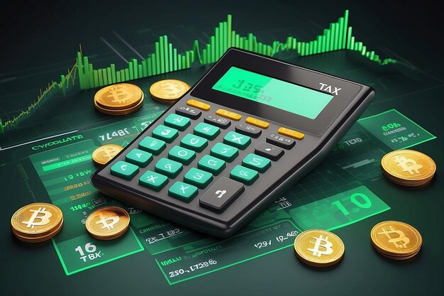 Calculadora de impostos criptográficos Renderização 3D com moedas de criptomoeda Gráfico de mercado de ações e exibição de impostos