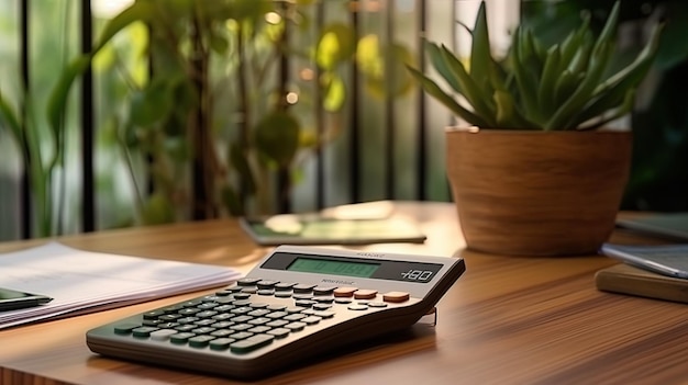 Calculadora y documentos contables en una mesa de madera