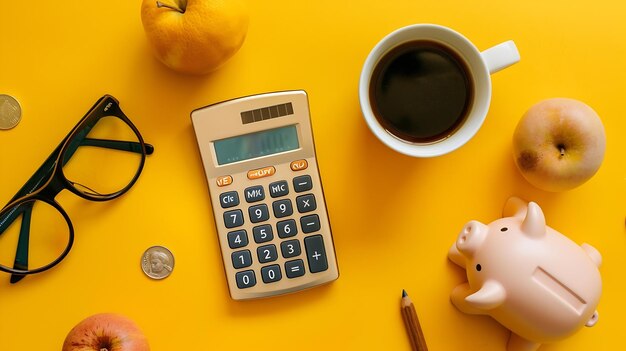 Foto calculadora e caixa de café em fundo amarelo business cocnept top vie generative ai