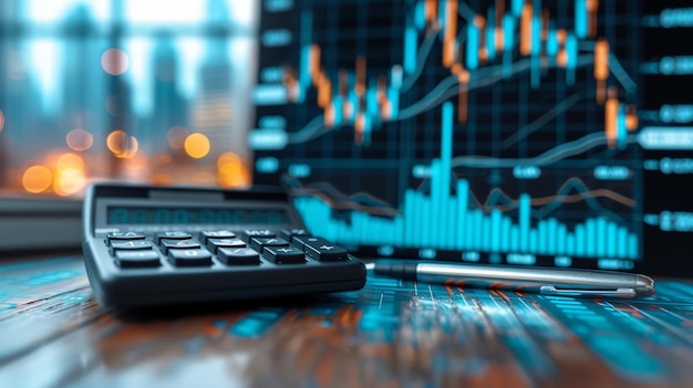 Calculadora e caneta na mesa com fundo desfocado do gráfico do mercado de ações
