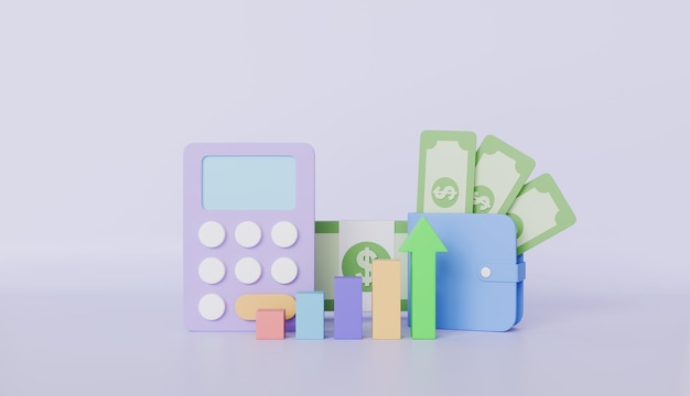Calculadora y gráfico de dinero de billetera gráfico de inversión ahorro finanzas negocios y pago en línea