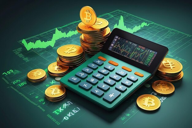 Calculadora de impuestos criptográficos Renderización 3D con monedas de criptomonedas Gráfico del mercado de valores y visualización de impuestos