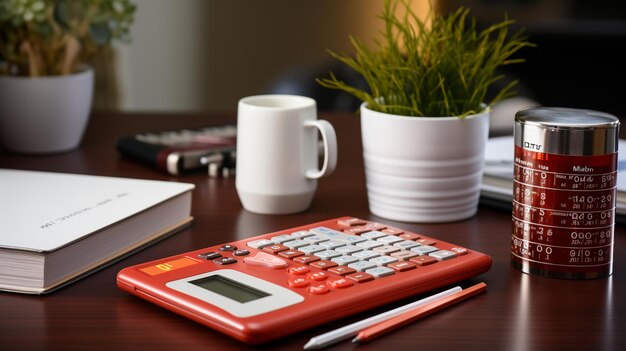 Calculadora en la mesa con monedas naranjas y rojas