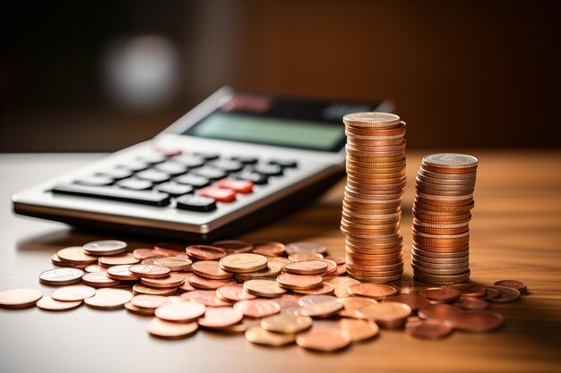 Foto calculadora y monedas concepto de ahorro y finanzas