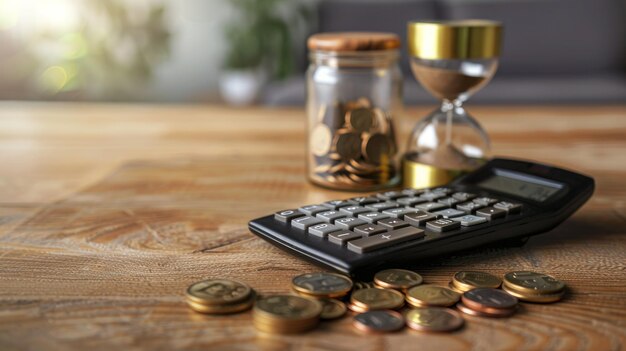 una calculadora negra con un vaso y un vaso con monedas de oro en él