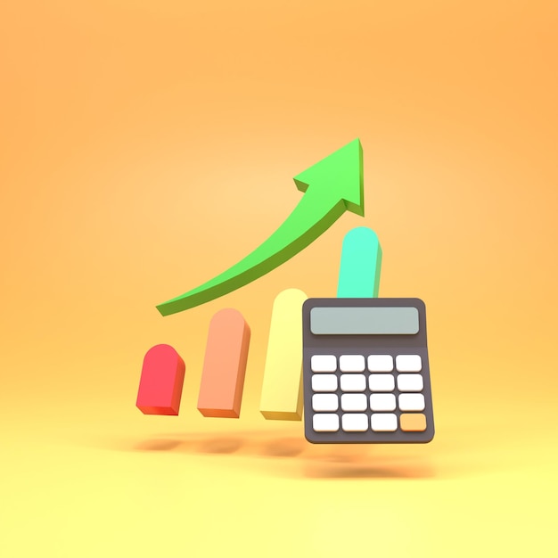 Calculadora preta e renderização em 3d do gráfico de crescimento