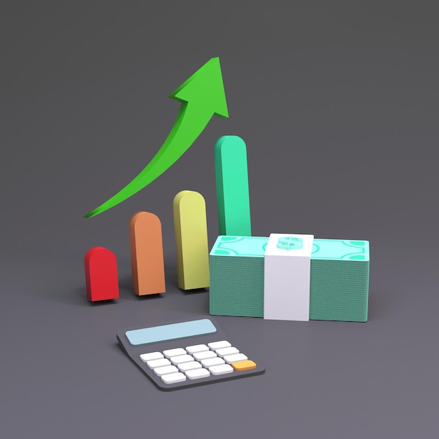 Calculadora preta e renderização em 3d do gráfico de crescimento