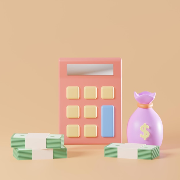 Calculadora de renderizado 3D, bolsa de dinero, monedas y billetes sobre fondo naranja, inversión, gestión empresarial, concepto de contabilidad