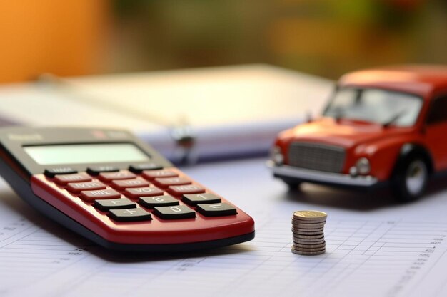 una calculadora roja al lado de un coche rojo