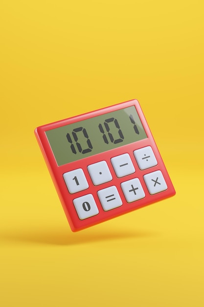 Calculadora roja con código binario sobre fondo amarillo ilustración 3d