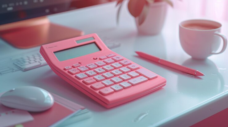 Calculadora rosa en un escritorio moderno que representa la planificación empresarial y los cálculos financieros