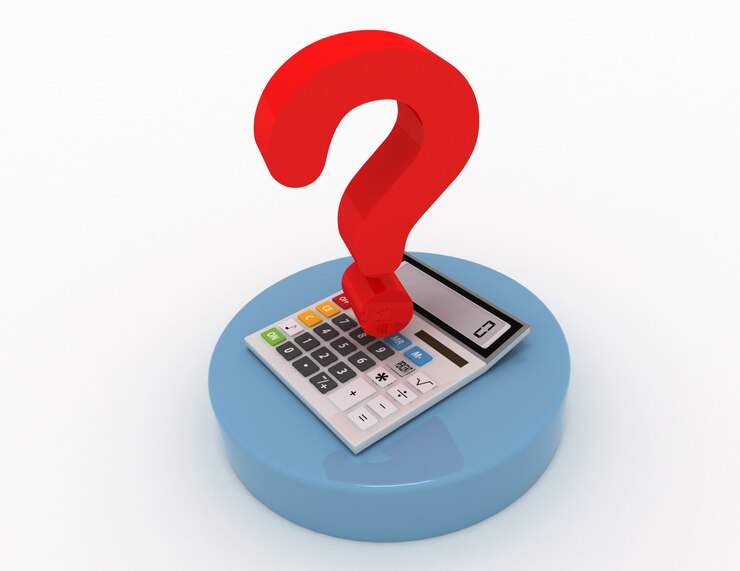 Foto calculadora y signo de interrogación en el diseño de información relacionada con los cálculos y problemas