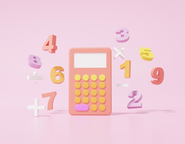 Calculadora y símbolos básicos de operaciones matemáticas matemáticas, más,  menos, multiplicación, división de números sobre fondo rosa. concepto de  educación de aprendizaje matemático. estilo de dibujos animados mínimo.  renderizado 3d | Foto