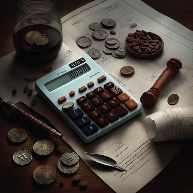 Una calculadora con un vaso de monedas encima.