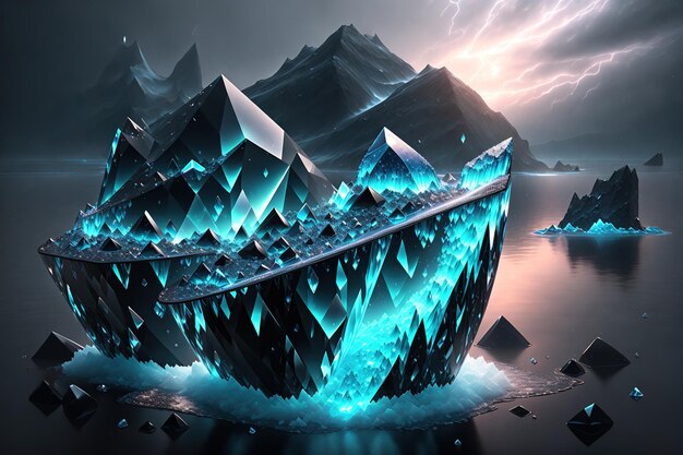 Caldeirão feito de cristais pretos profundos em um grande iceberg flutuando no mar