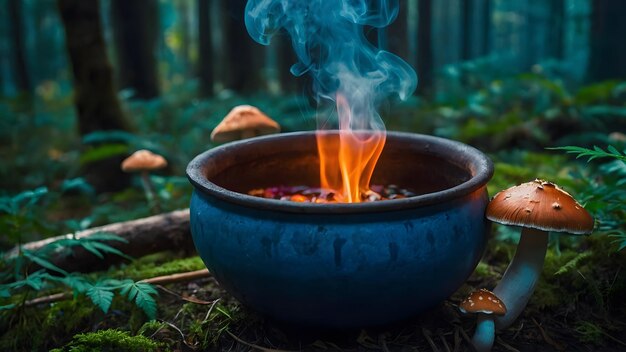 Foto caldeirao mágico en la floresta