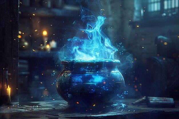 Caldeiro Encantado com Poção Mágica Azul em um cenário místico